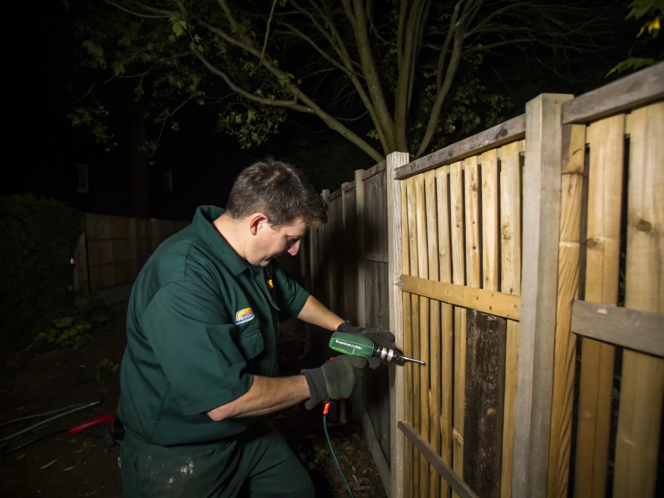 A close-up shot of a damaged section of a steel fence being repaired by a DuCo Fence technician, highlighting the attention to detail and quality of repair work.